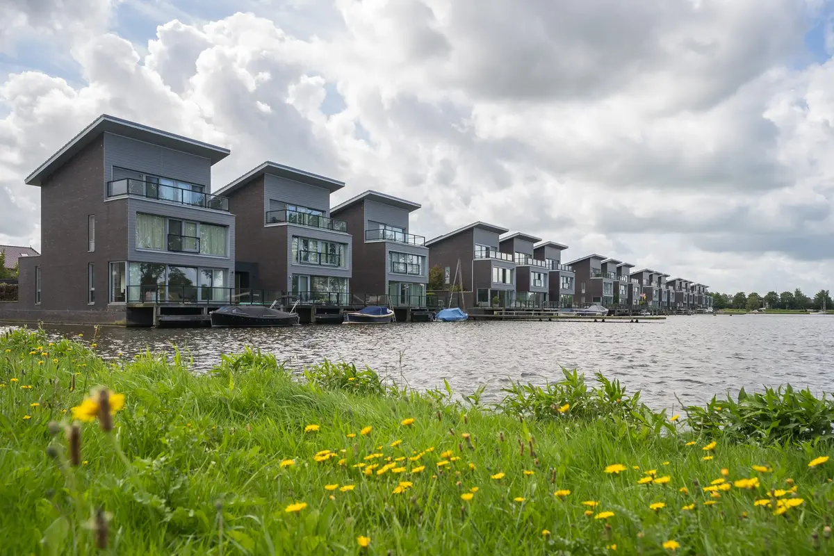 Rij moderne woningen aan het water, met gras en paardenbloemen op de voorgrond